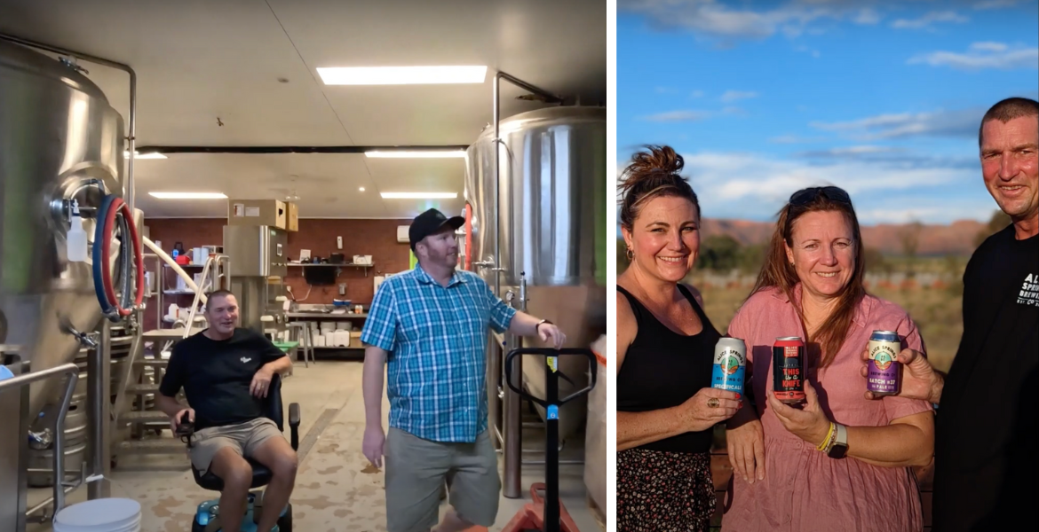 Kyle Pearson shows Tim around Alice Springs Brewing Co; Bianca, Michelle and Tim enjoy ASBC tinnies in the red centre.