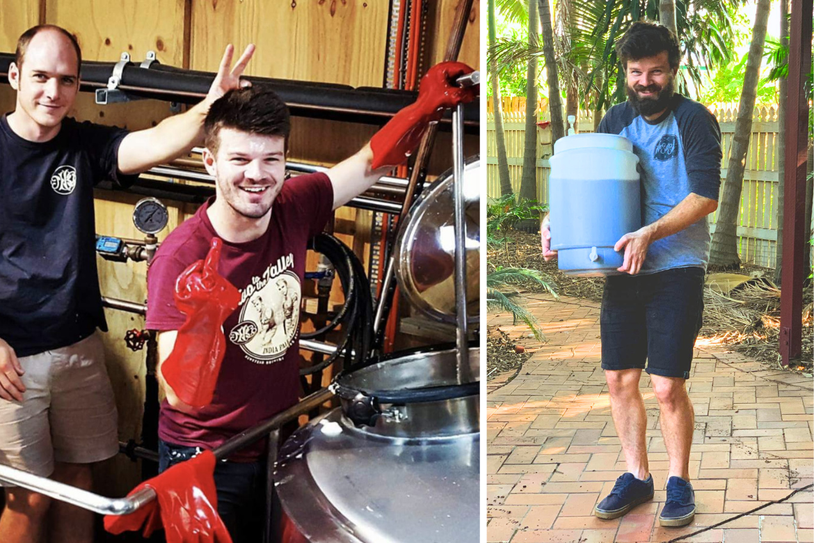 Taking part in a brew day with Gavin Craft at Newstead Brewing in 2016, and home brewing in 2020.