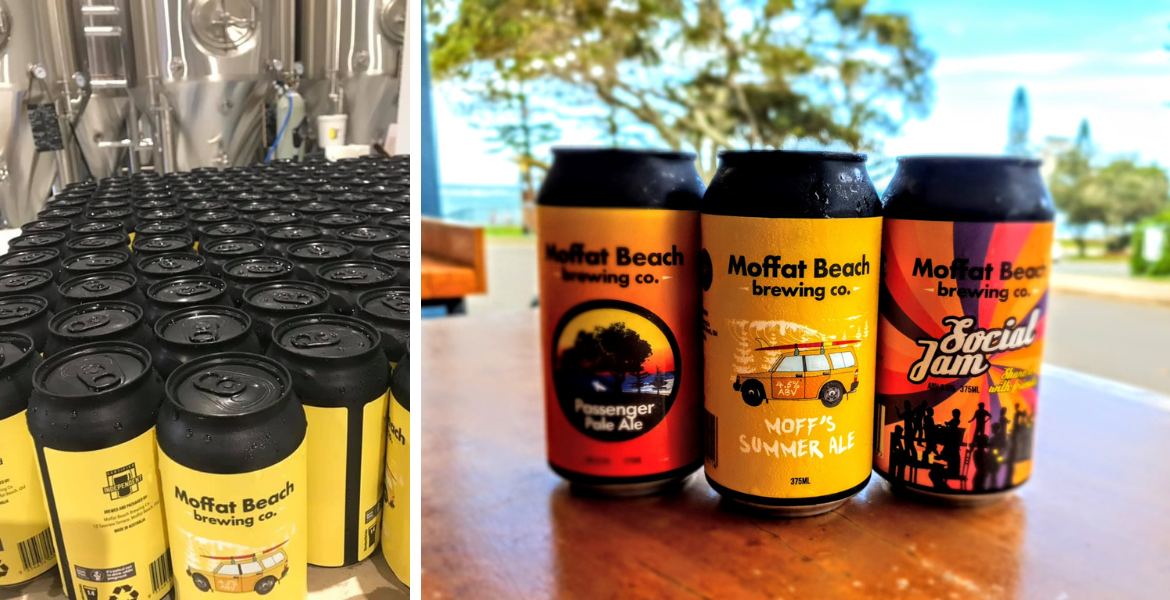 The first canning of Moff's in 2019 (left) and the old label designs on show out the front of the Moffat Beach venue (right).