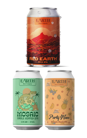 Earth Beer Red Earth Rye IPA, Mosaic Single Hopped XPA & Party Wave Mosaic Hazy IPA